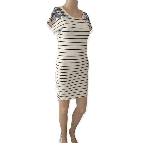 Y2K Fitted T Shirt Dress S Sequins Embellished Striped Stretch 90s Artsy Bohemia - Picture 9 of 16